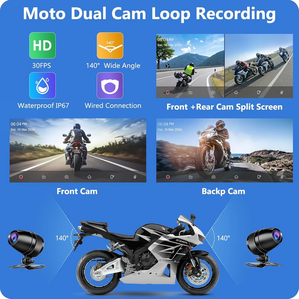 Carpuride motociklo GPS navigatorius su 6,3 colių lietimui jautriu ekranu, belaidžiu CarPlay ir Android Auto, 1080P priekine bei galine kamera, modelis W603D