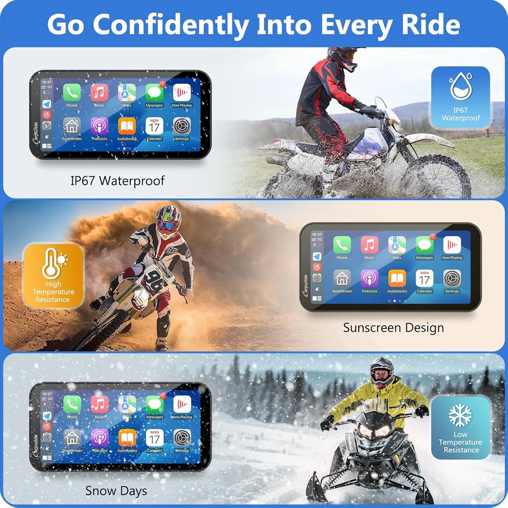 Carpuride motociklo GPS navigatorius su 6,3 colių lietimui jautriu ekranu, belaidžiu CarPlay ir Android Auto, 1080P priekine bei galine kamera, modelis W603D
