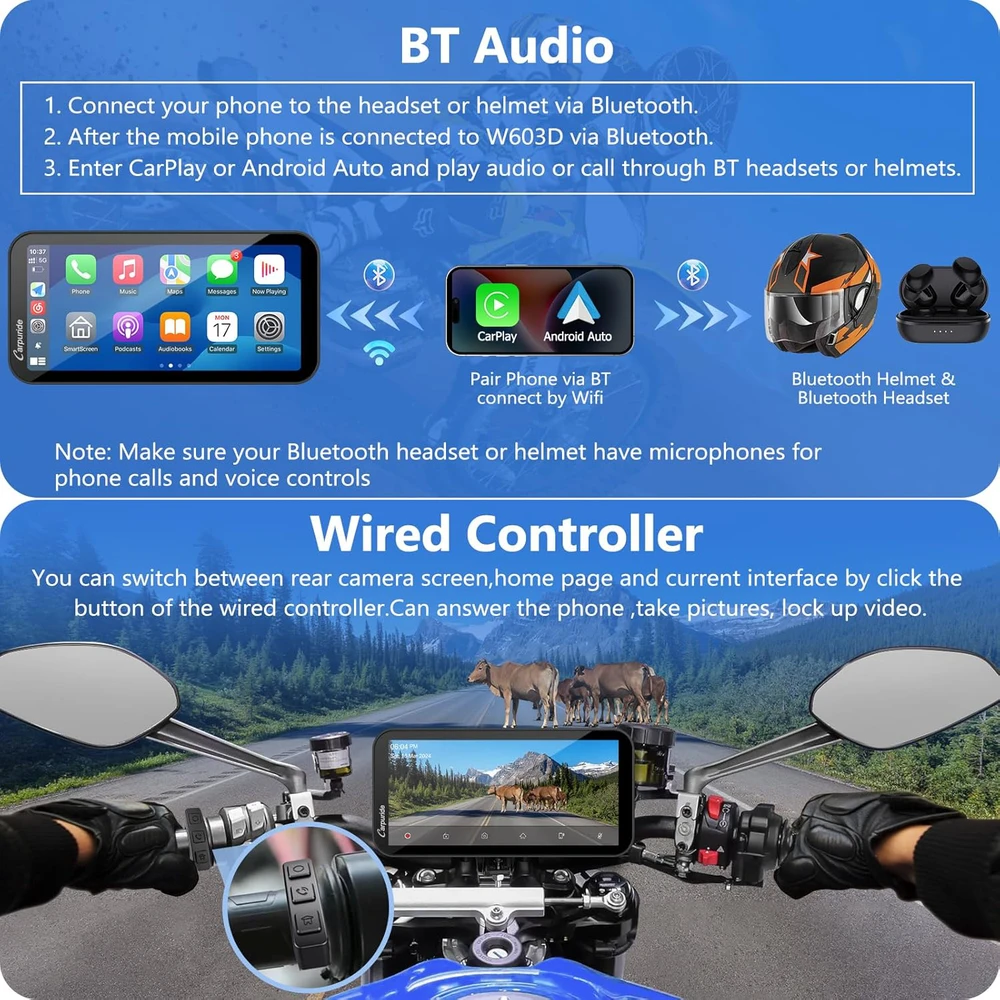 Carpuride motociklo GPS navigatorius su 6,3 colių lietimui jautriu ekranu, belaidžiu CarPlay ir Android Auto, 1080P priekine bei galine kamera, modelis W603D