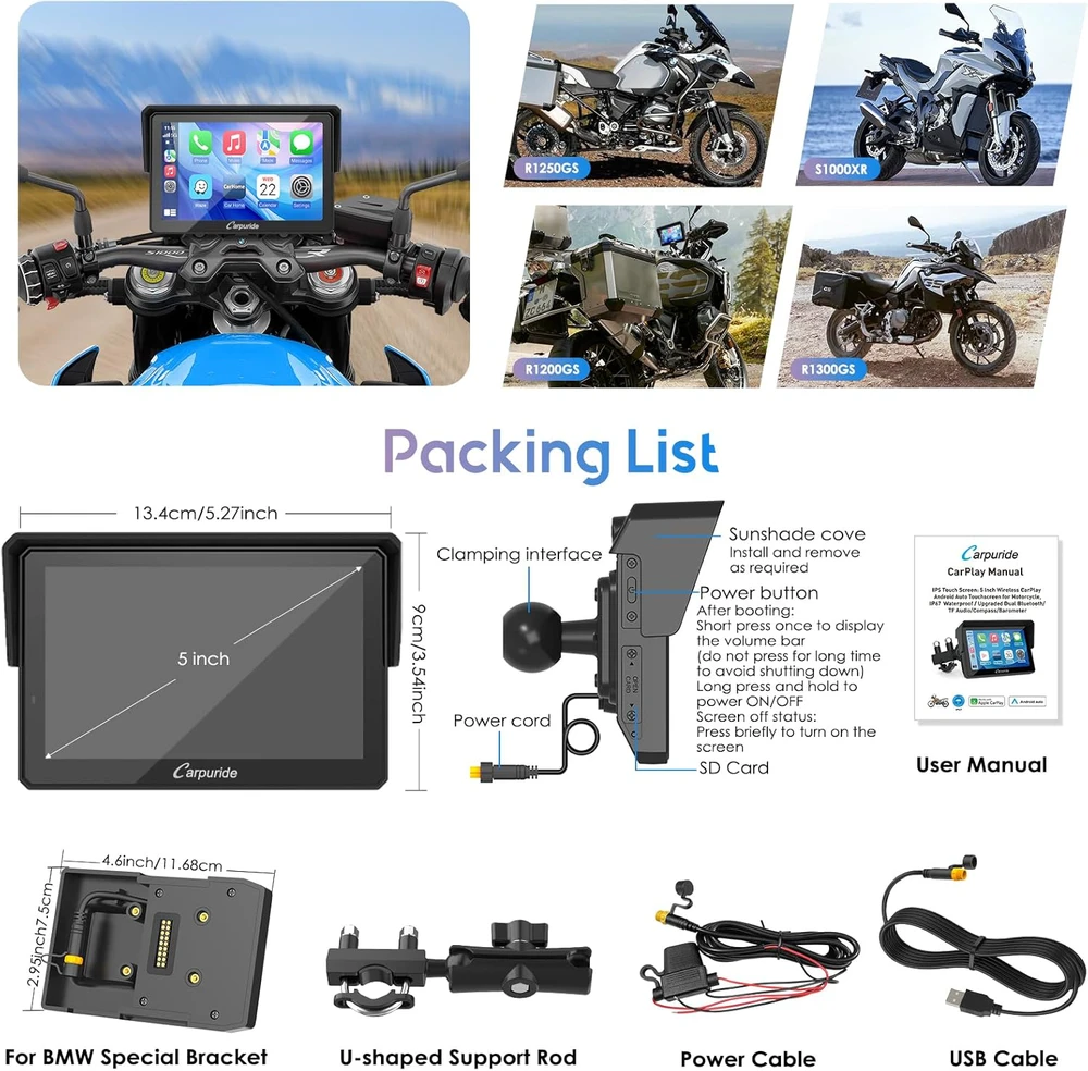 Carpuride motociklo navigacija su 5 colių lietimui jautriu ekranu, Bluetooth, CarPlay, Android Auto, W502B Pro