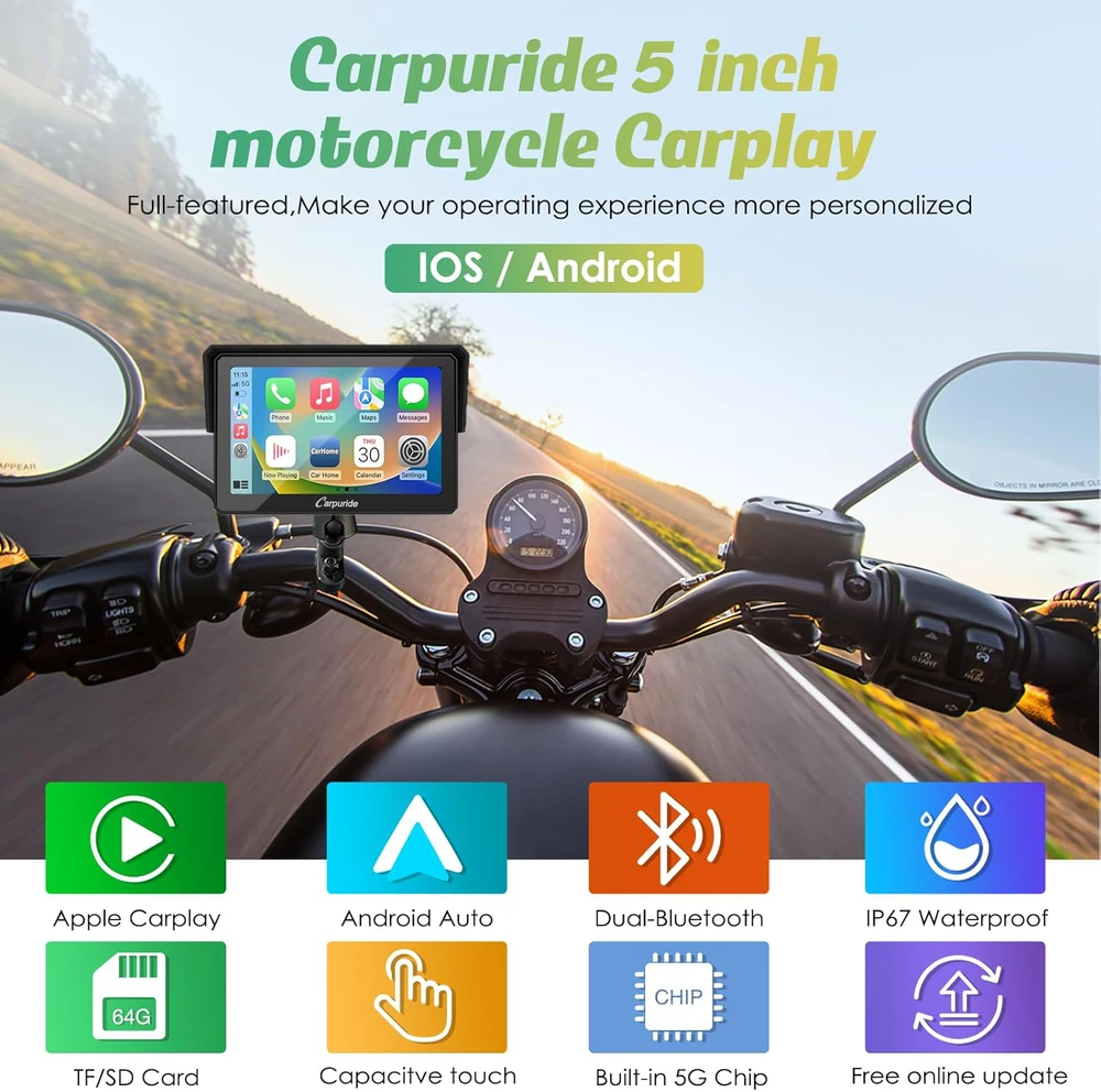 Carpuride motociklo navigacija su 5 colių jutikliniu ekranu, belaidžiu CarPlay, Android Auto ir Bluetooth, modelis W502