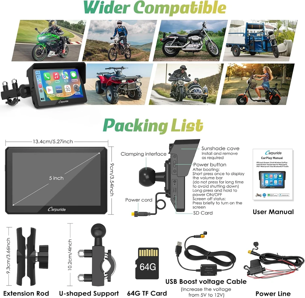 Carpuride motociklo navigacija su 5 colių jutikliniu ekranu, belaidžiu CarPlay, Android Auto ir Bluetooth, modelis W502