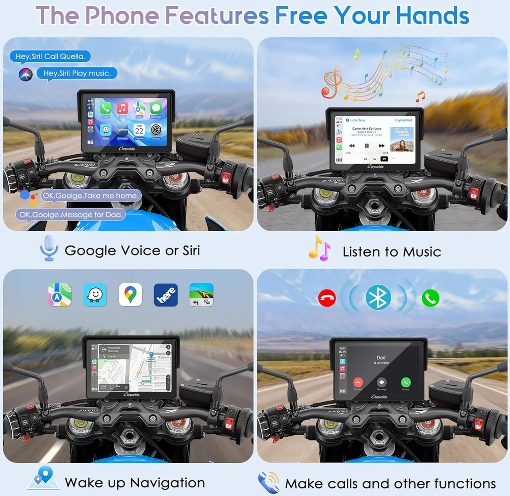 Carpuride motociklo navigacija su 5 colių lietimui jautriu ekranu, Bluetooth, CarPlay, Android Auto, W502B Pro