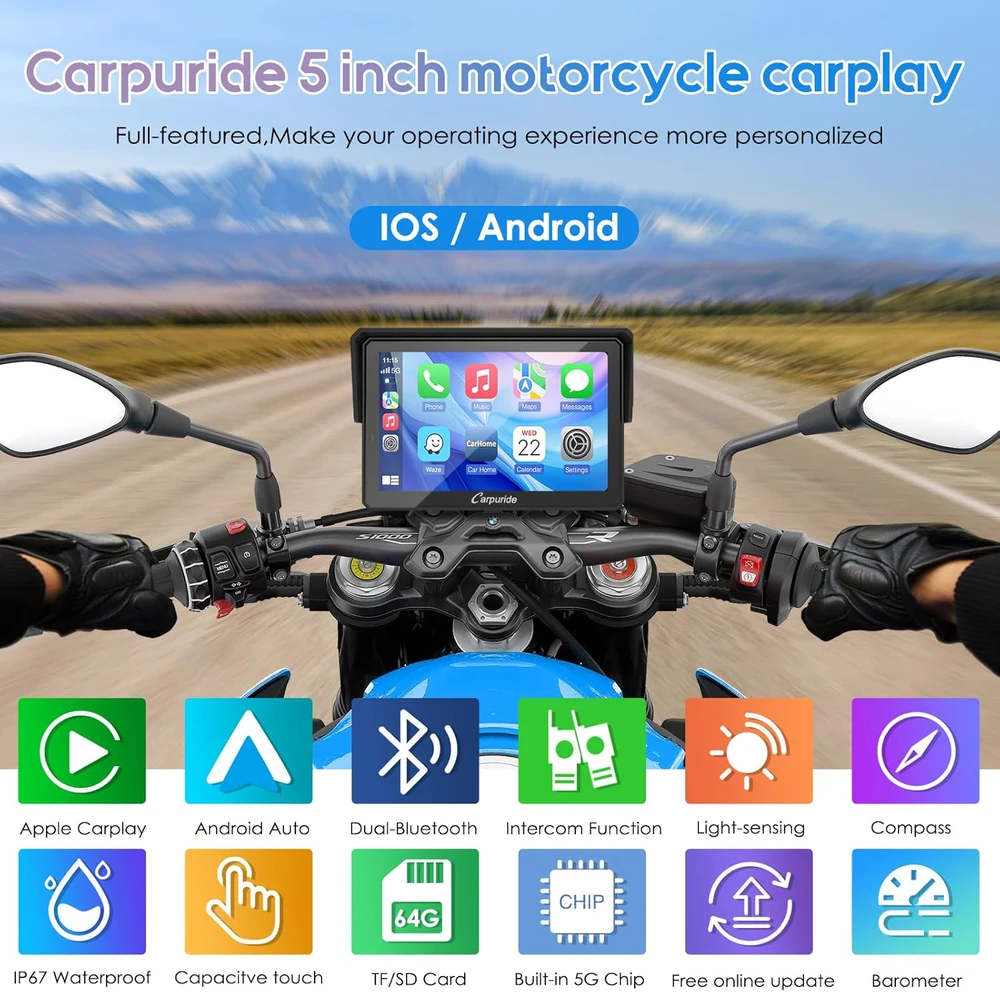 Carpuride motociklo navigacija su 5 colių lietimui jautriu ekranu, Bluetooth, CarPlay, Android Auto, W502B Pro