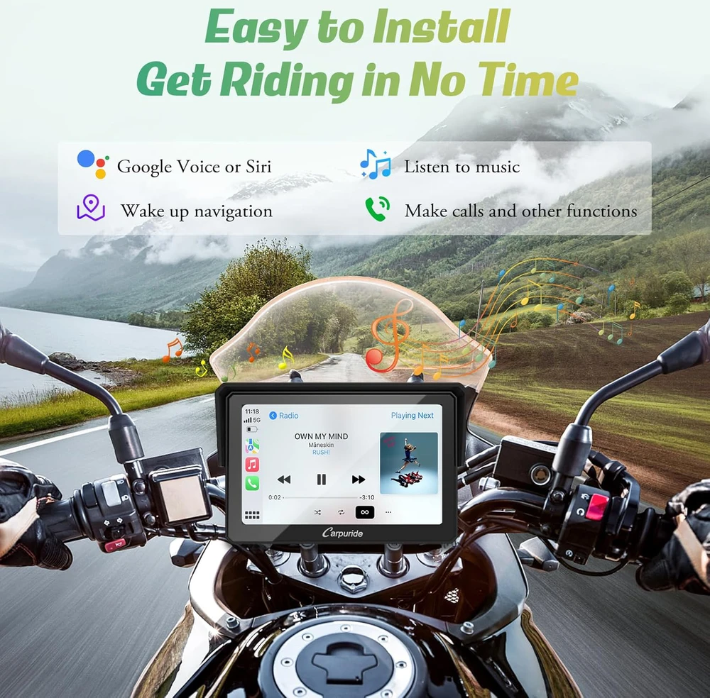 Carpuride motociklo navigacija su 5 colių jutikliniu ekranu, belaidžiu CarPlay, Android Auto ir Bluetooth, modelis W502