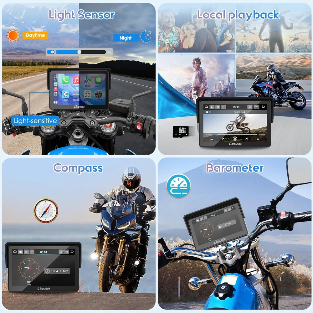 Carpuride motociklo navigacija su 5 colių lietimui jautriu ekranu, Bluetooth, CarPlay, Android Auto, W502B Pro