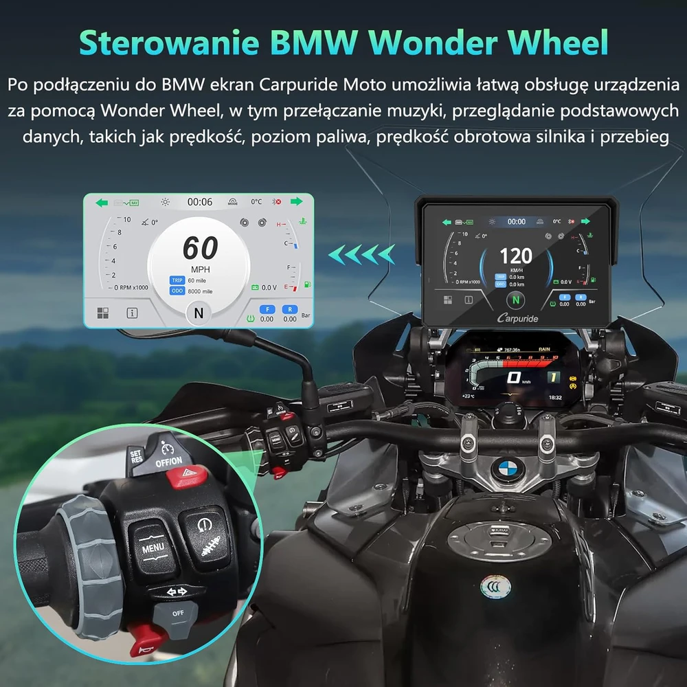 CARPURIDE motociklo navigacijos sistema su 5 colių ekranu, Bluetooth, CarPlay, Android Auto, W502BS Pro