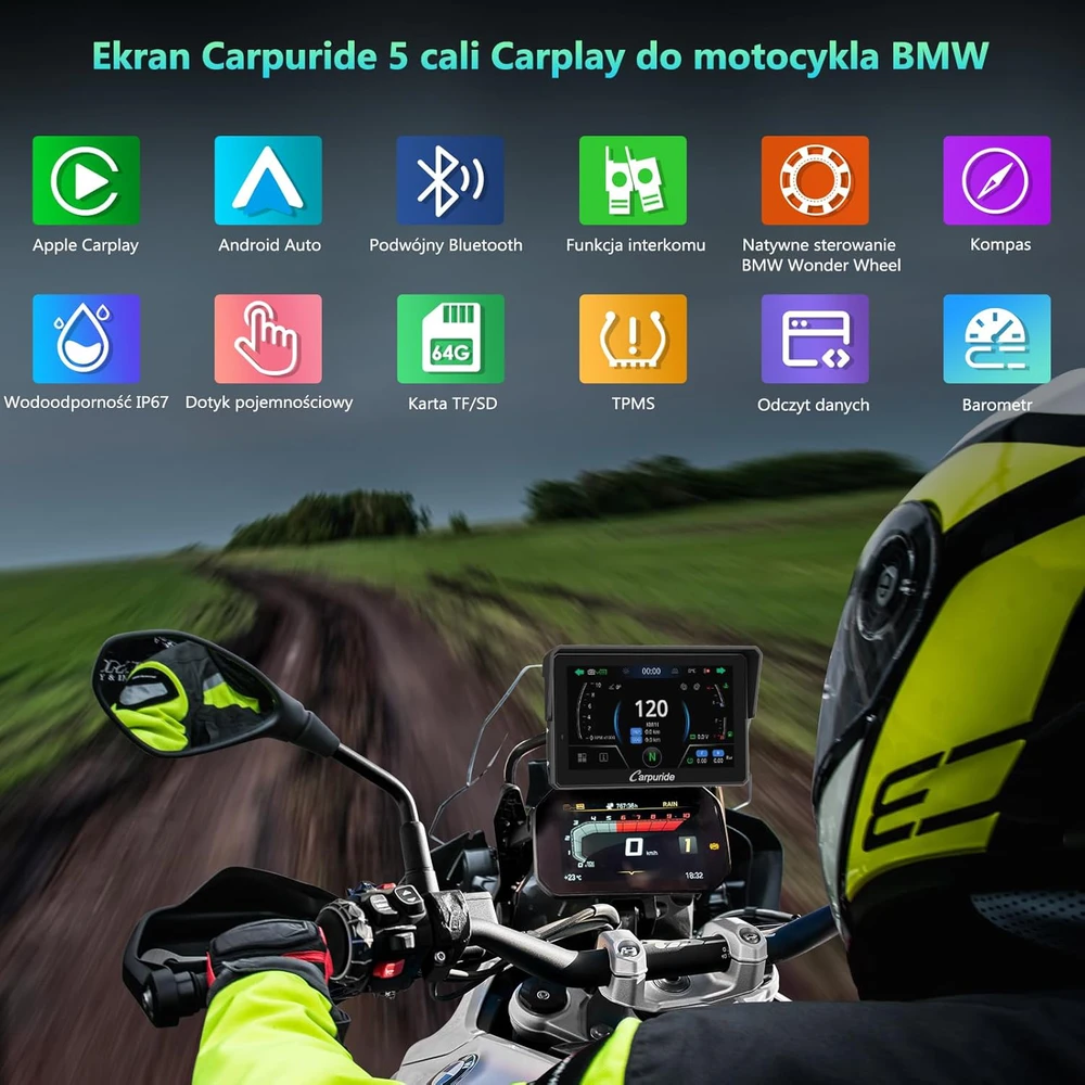 CARPURIDE motociklo navigacijos sistema su 5 colių ekranu, Bluetooth, CarPlay, Android Auto, W502BS Pro
