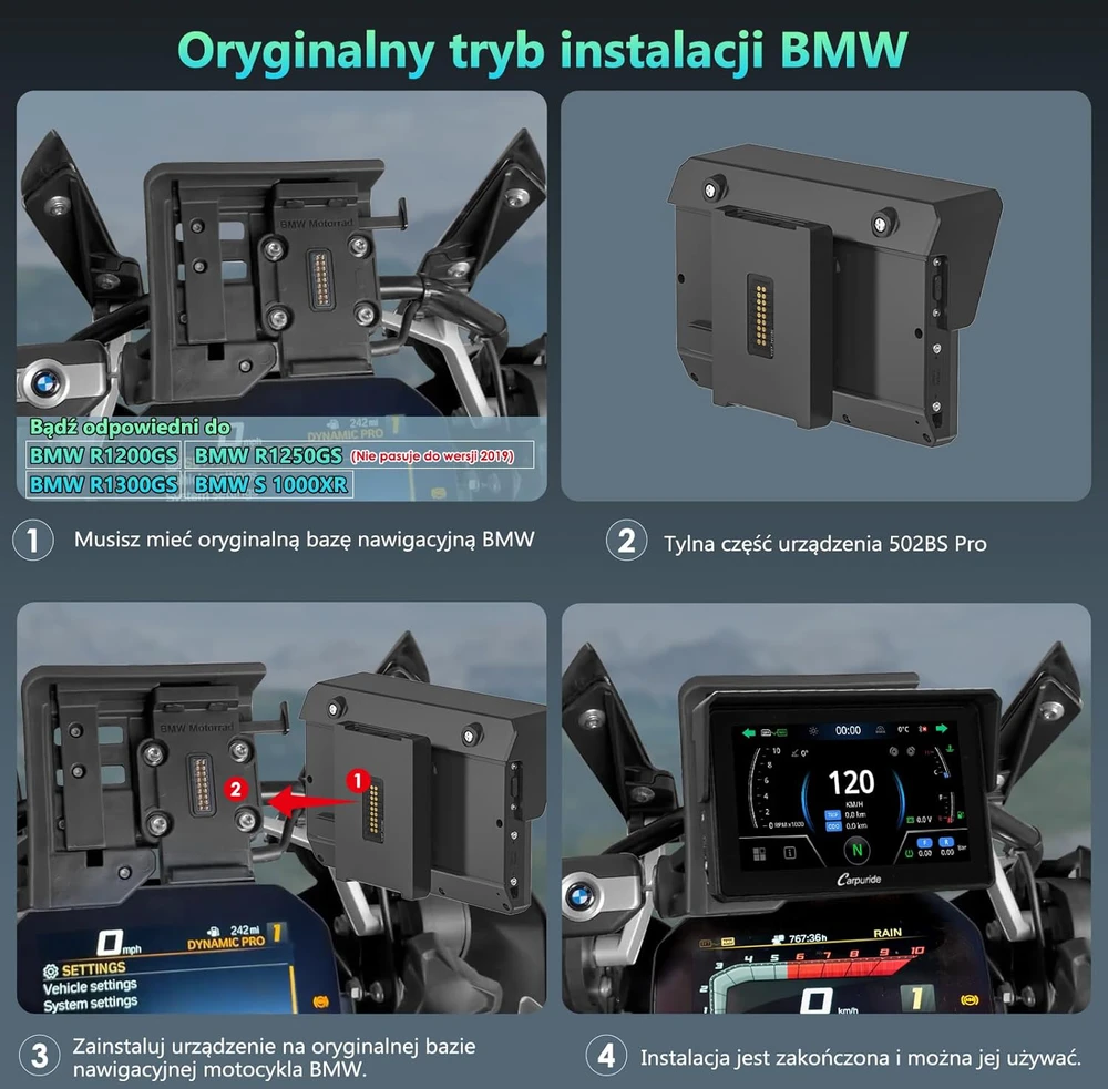 CARPURIDE motociklo navigacijos sistema su 5 colių ekranu, Bluetooth, CarPlay, Android Auto, W502BS Pro