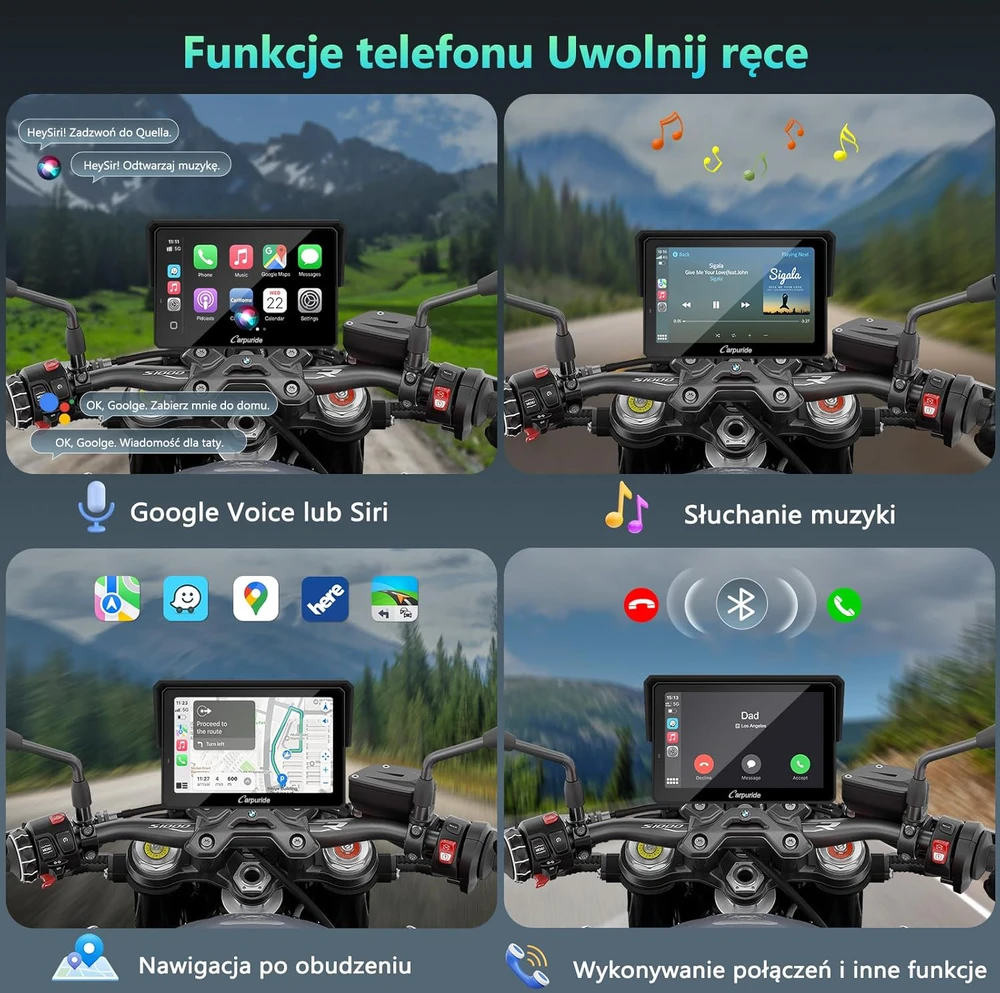 CARPURIDE motociklo navigacijos sistema su 5 colių ekranu, Bluetooth, CarPlay, Android Auto, W502BS Pro