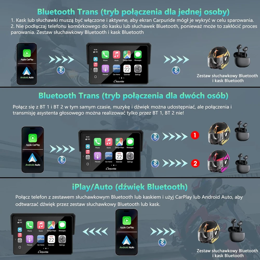 CARPURIDE motociklo navigacijos sistema su 5 colių ekranu, Bluetooth, CarPlay, Android Auto, W502BS Pro