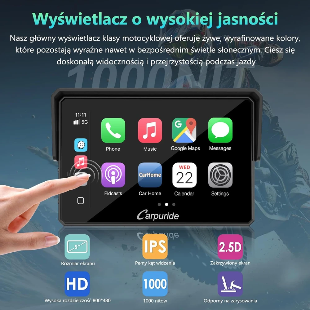 CARPURIDE motociklo navigacijos sistema su 5 colių ekranu, Bluetooth, CarPlay, Android Auto, W502BS Pro