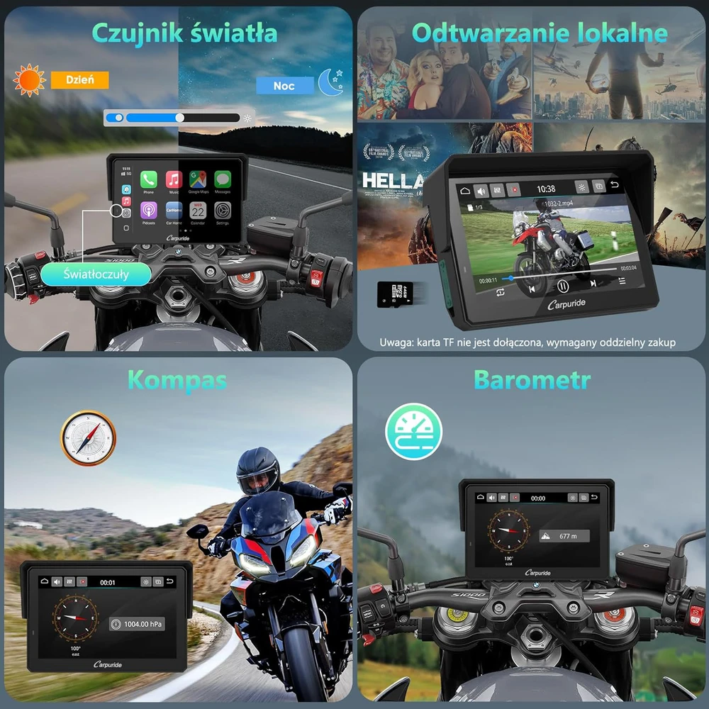 CARPURIDE motociklo navigacijos sistema su 5 colių ekranu, Bluetooth, CarPlay, Android Auto, W502BS Pro