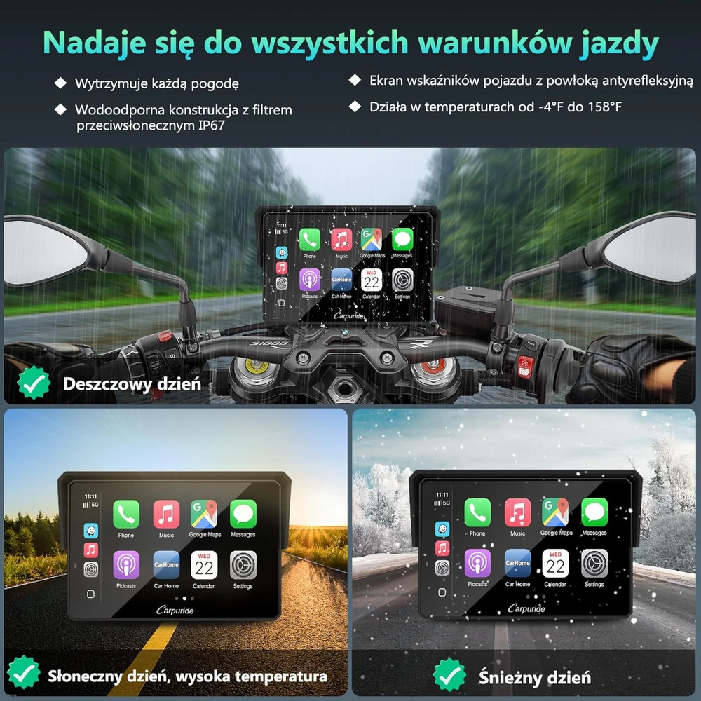 CARPURIDE motociklo navigacijos sistema su 5 colių ekranu, Bluetooth, CarPlay, Android Auto, W502BS Pro