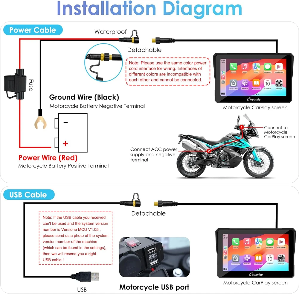 Carpuride universali 7 colių vandeniui atspari GPS navigacijos sistema motociklams su lietimui jautriu ekranu, Bluetooth, CarPlay ir Android Auto palaikymu, MC-702