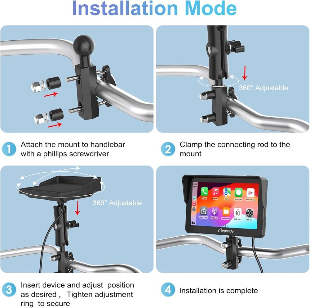 Carpuride universali 7 colių vandeniui atspari GPS navigacijos sistema motociklams su lietimui jautriu ekranu, Bluetooth, CarPlay ir Android Auto palaikymu, MC-702