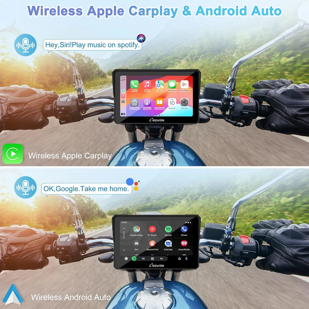 Carpuride universali 7 colių vandeniui atspari GPS navigacijos sistema motociklams su lietimui jautriu ekranu, Bluetooth, CarPlay ir Android Auto palaikymu, MC-702