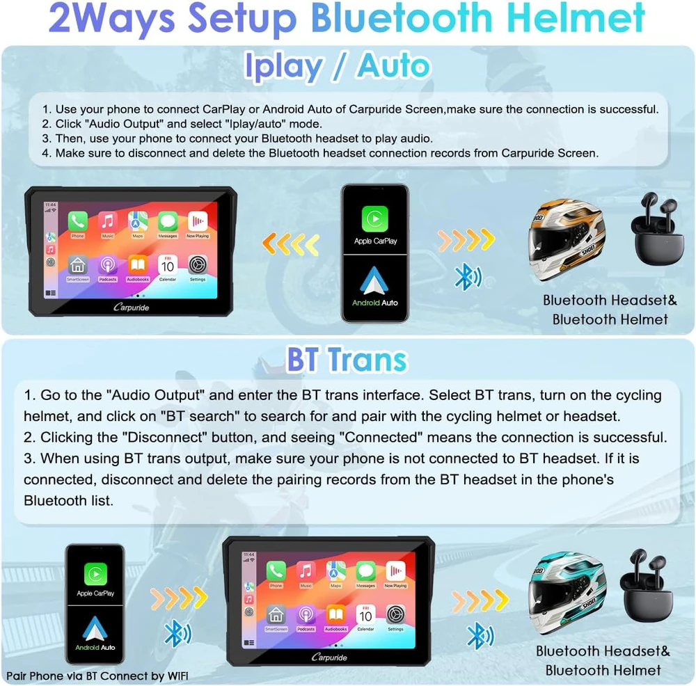 Carpuride universali 7 colių vandeniui atspari GPS navigacijos sistema motociklams su lietimui jautriu ekranu, Bluetooth, CarPlay ir Android Auto palaikymu, MC-702