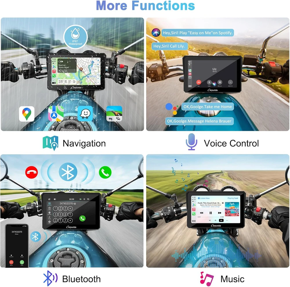 Carpuride universali 7 colių vandeniui atspari GPS navigacijos sistema motociklams su lietimui jautriu ekranu, Bluetooth, CarPlay ir Android Auto palaikymu, MC-702