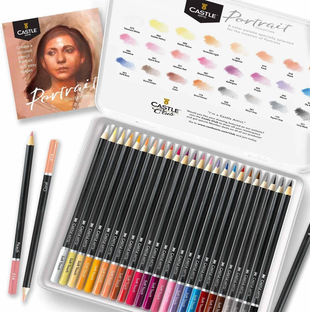 Castle Art Supplies 24 spalvotų pieštukų rinkinys portretams, mediniai, metalinė dėžutė