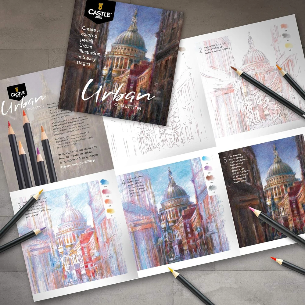 Castle Art Supplies 24 spalvotų pieštukų rinkinys su metaline dėžute piešimui ir eskizams Urban