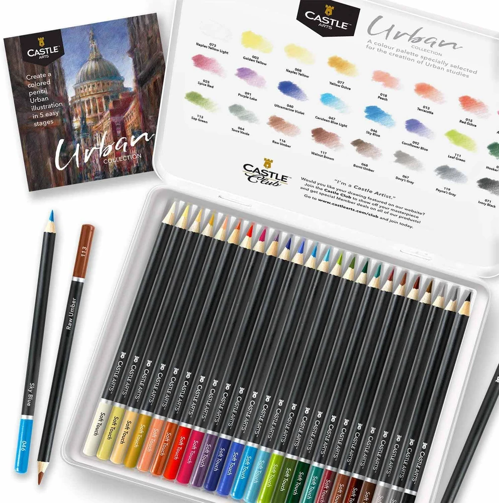Castle Art Supplies 24 spalvotų pieštukų rinkinys su metaline dėžute piešimui ir eskizams Urban