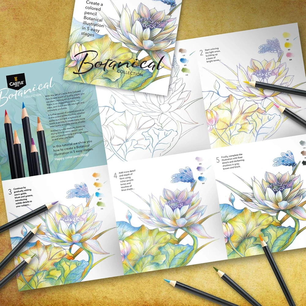 Castle Art Supplies 24 spalvotų pieštukų rinkinys botanikos menui, metalinė dėžutė