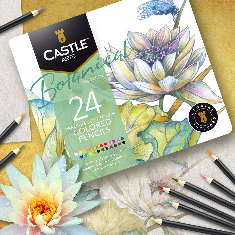Castle Art Supplies 24 spalvotų pieštukų rinkinys botanikos menui, metalinė dėžutė