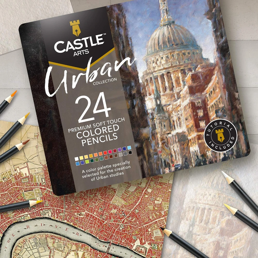 Castle Art Supplies 24 spalvotų pieštukų rinkinys su metaline dėžute piešimui ir eskizams Urban