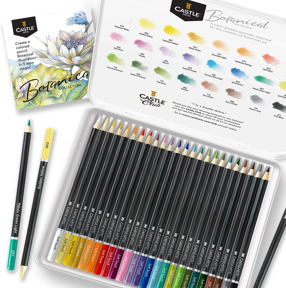 Castle Art Supplies 24 spalvotų pieštukų rinkinys botanikos menui, metalinė dėžutė