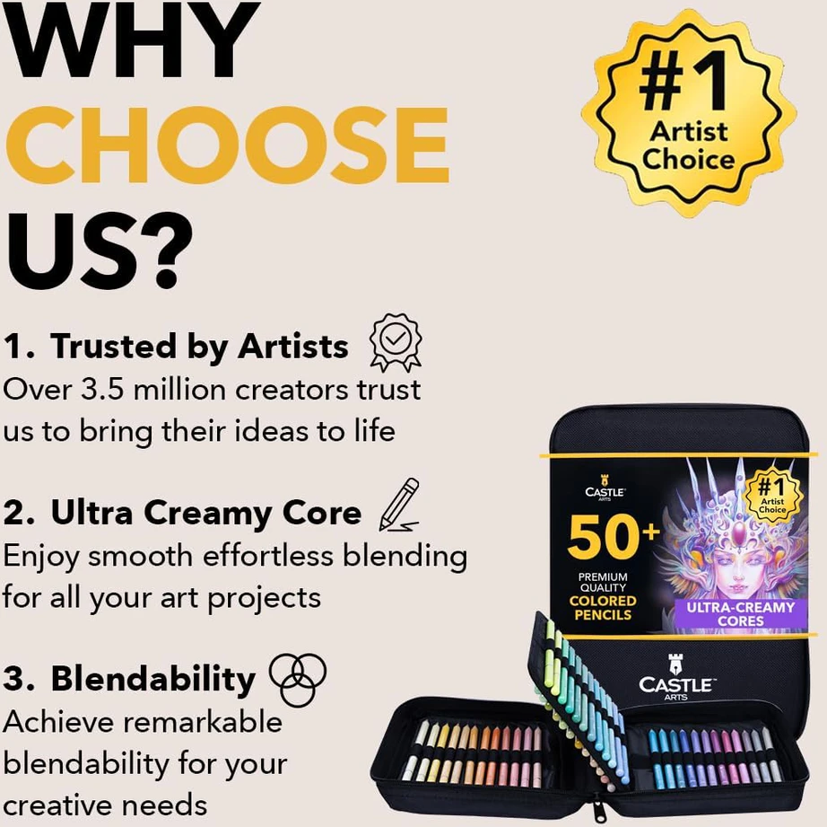 Castle Art Supplies 48 pastelinių pieštukų rinkinys su minkštu dėklu profesionaliems menininkams