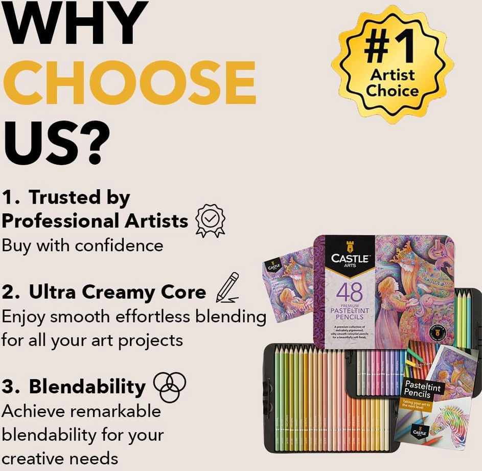 Castle Art Supplies 48 spalvų pastelinių atspalvių pieštukų rinkinys, dėžutė, Pasteltint