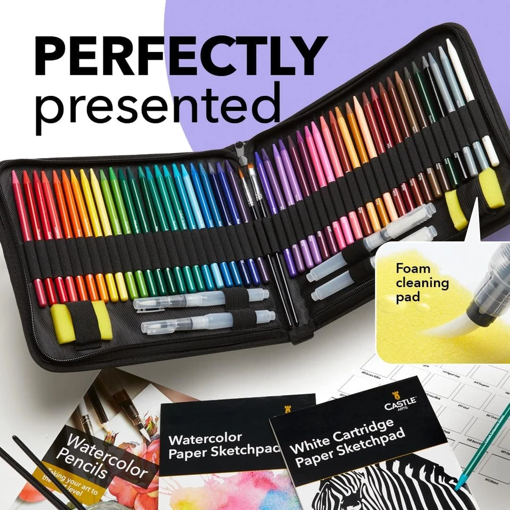 Castle Art Supplies 60 dalių medinių akvarelinių pieštukų rinkinys su priedais, 48 spalvos