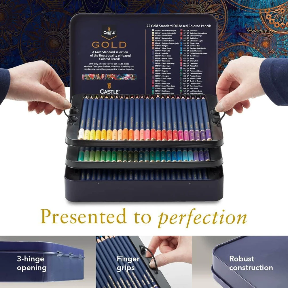 Castle Art Supplies 72 spalvotų aliejinių pieštukų rinkinys aukšto standarto su metaline dėžute