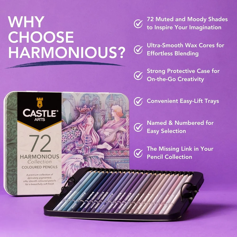 Castle Art Supplies 72 spalvotų pieštukų rinkinys su minkštu vašku, metalinėje dėžutėje, suaugusiems menininkams CAS-72-HARMONIOUS