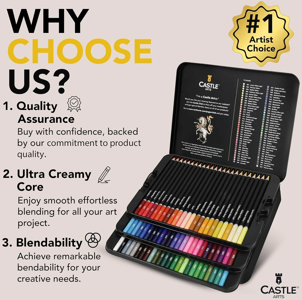 Castle Art Supplies 72 spalvotų pieštukų rinkinys, minkšti grafitai, metalinė dėžutė