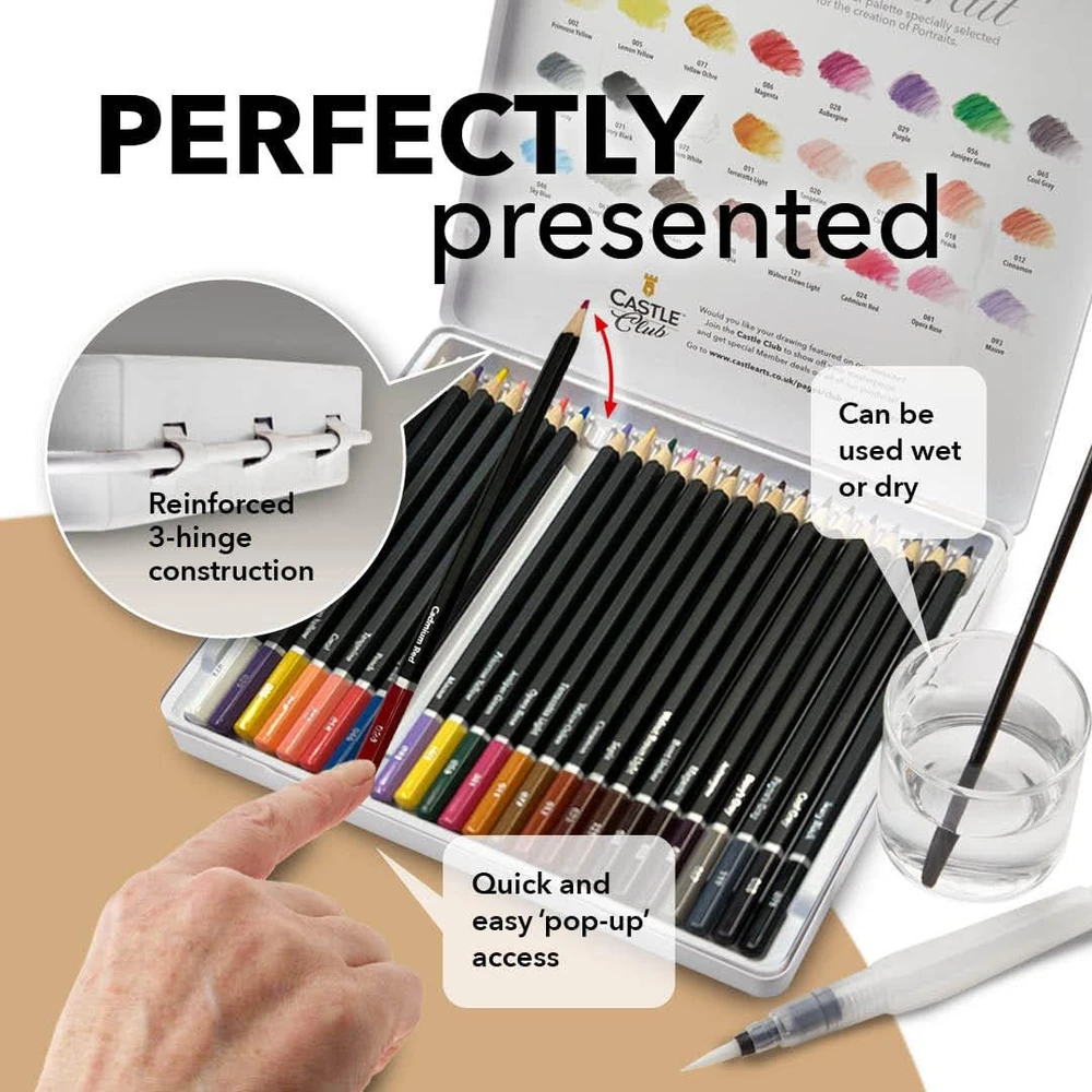 Castle Art Supplies akvarelinių pieštukų rinkinys portretams, 24 vnt. spalvoti, speciali dėžutė