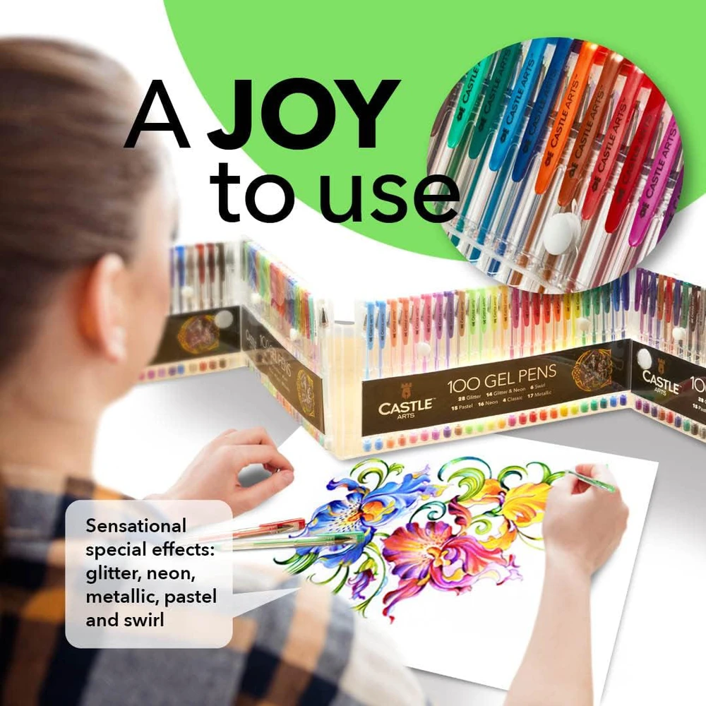 Castle Art Supplies geliniai rašikliai, 100 spalvų, įvairūs efektai, su dėžute, Gel Pens 4336949690