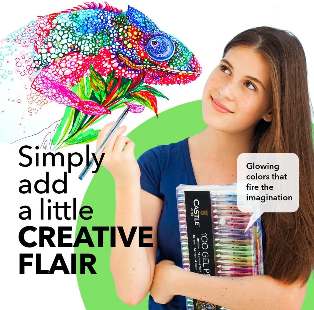 Castle Art Supplies geliniai rašikliai, 100 spalvų, įvairūs efektai, su dėžute, Gel Pens 4336949690