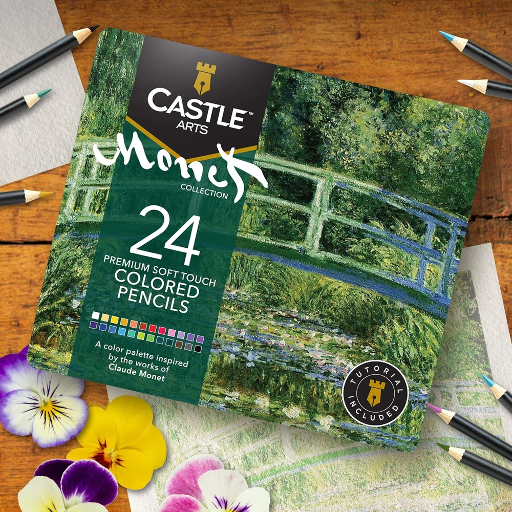Castle Art Supplies Monet teminė 24 spalvotų pieštukų rinkinys metalinėje dėžutėje