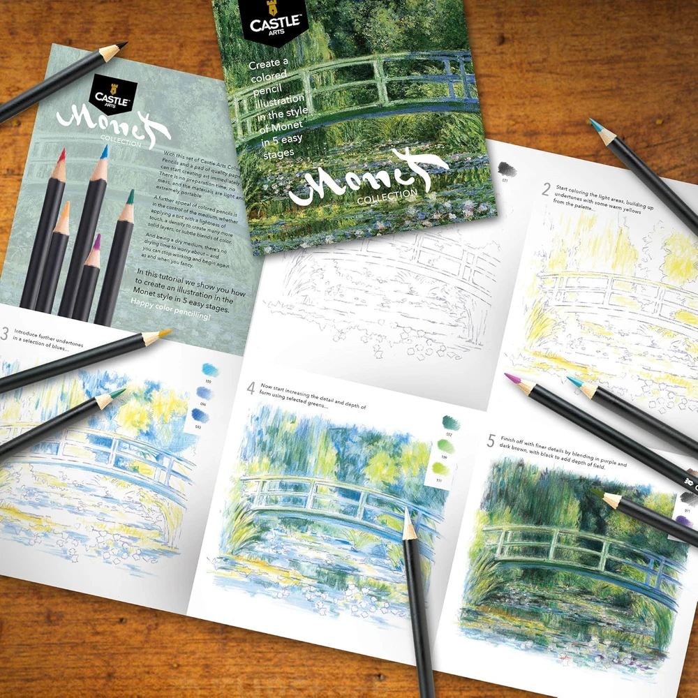 Castle Art Supplies Monet teminė 24 spalvotų pieštukų rinkinys metalinėje dėžutėje