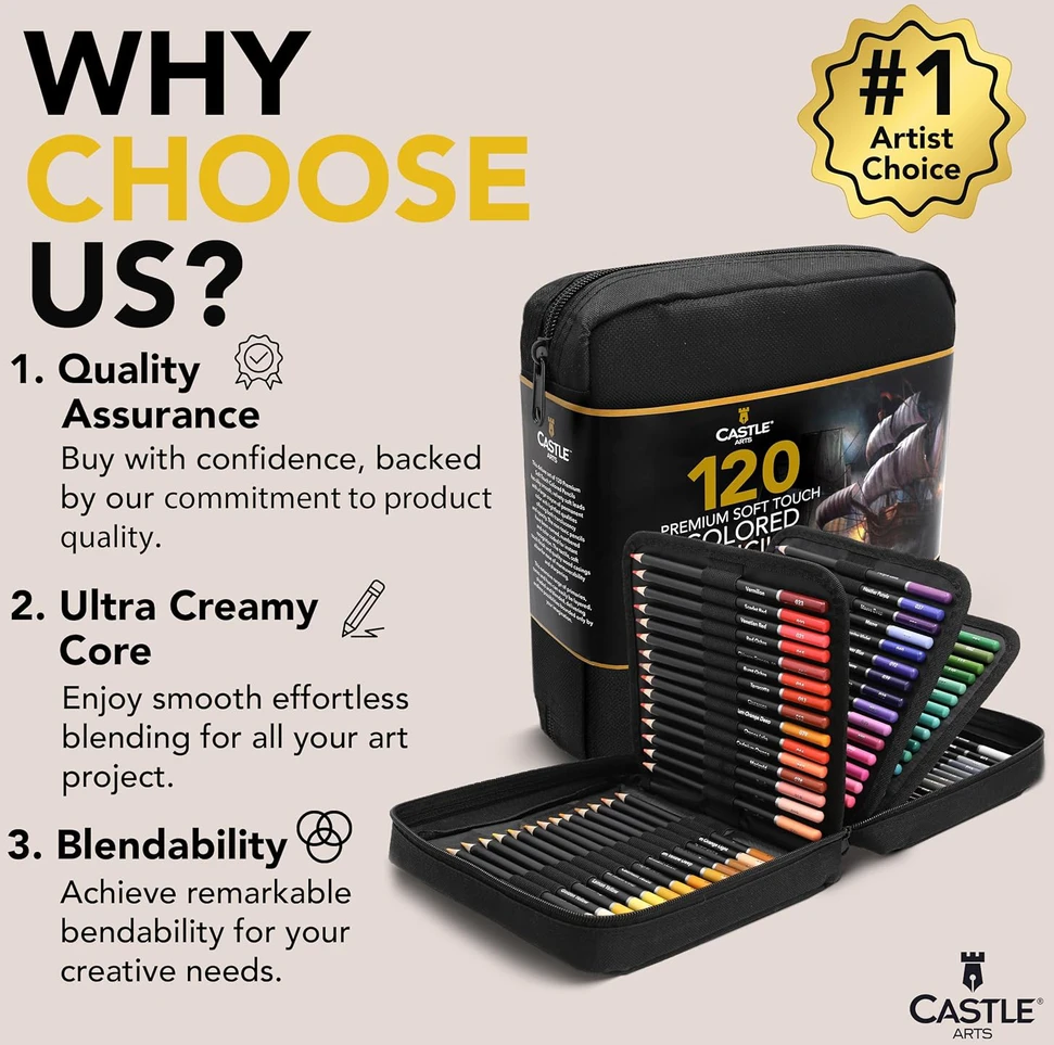Castle Art Supplies spalvotų pieštukų rinkinys, 120 vnt., minkšti, dailininkams, CAS-120CPZ