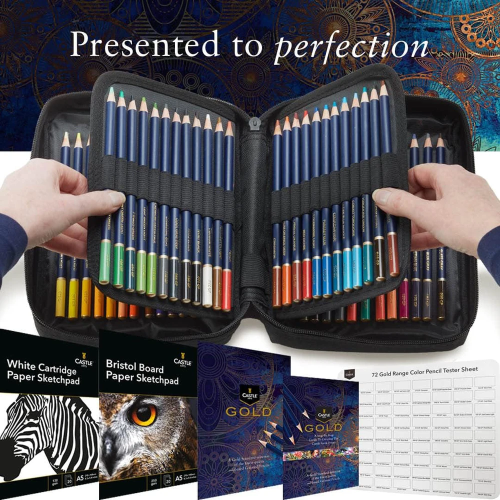 Castle Art Supplies spalvotų pieštukų rinkinys su 72 alyvos pagrindu, su priedais, 72 Gold Zip