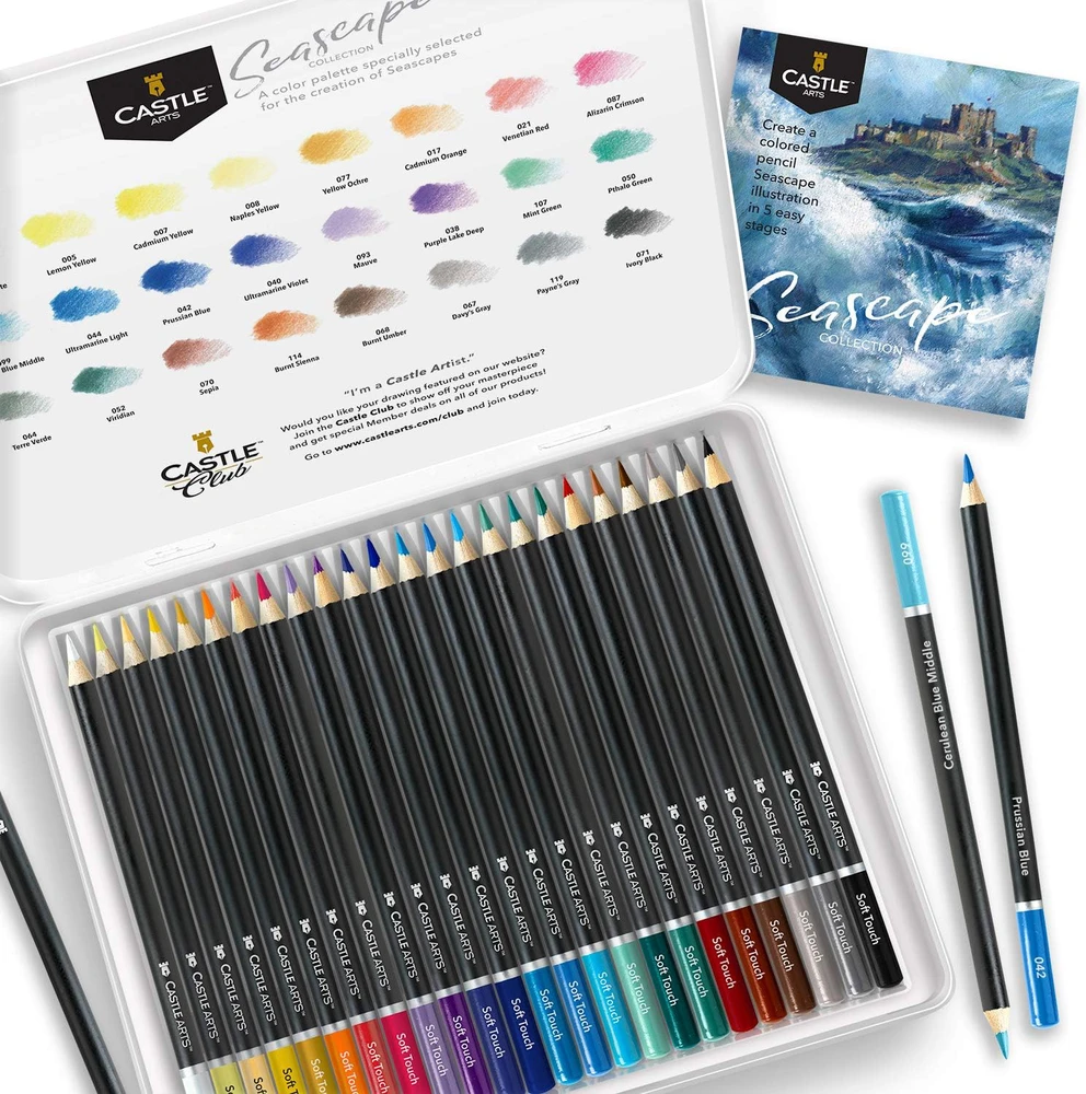 Castle Art Supplies spalvotų pieštukų rinkinys su jūros peizažais, 24 vnt., su dėže