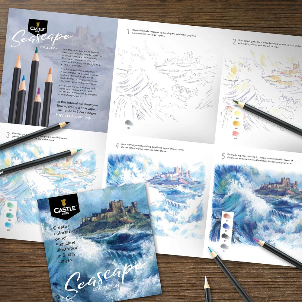 Castle Art Supplies spalvotų pieštukų rinkinys su jūros peizažais, 24 vnt., su dėže