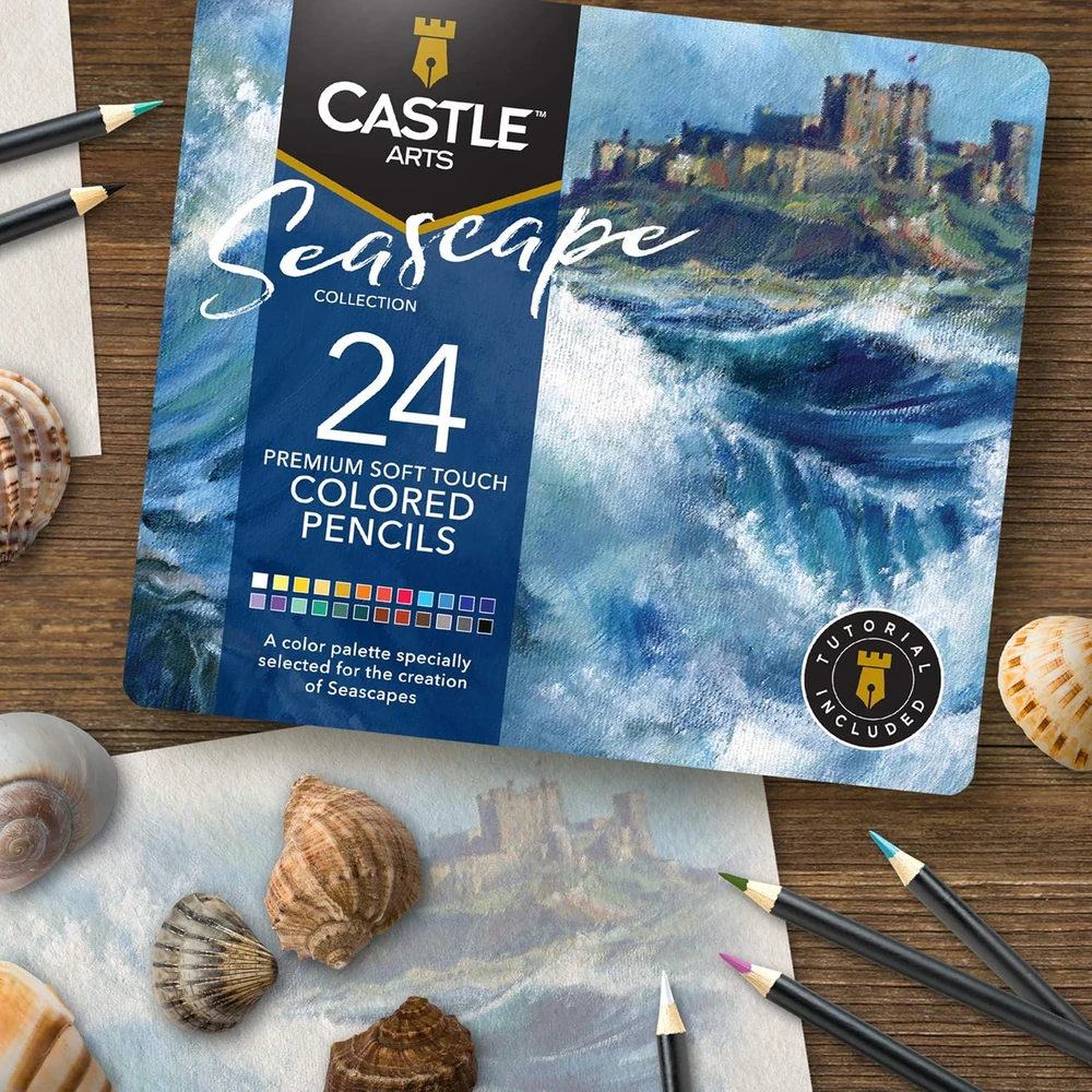 Castle Art Supplies spalvotų pieštukų rinkinys su jūros peizažais, 24 vnt., su dėže