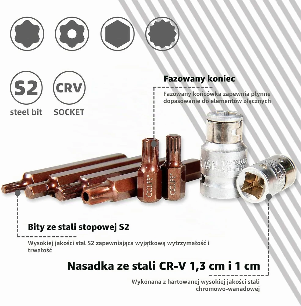 CCLIFE 54 dalių antgalių rinkinys S2 su 3/8 ir 1/2 col. adapteriais 5068