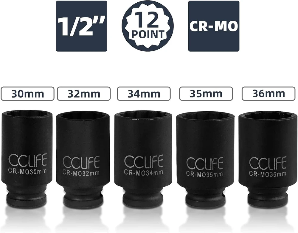 CCLIFE 8 dalių 12-kampių smūginių galvučių rinkinys 1/2 col., 30–36 mm, 5307
