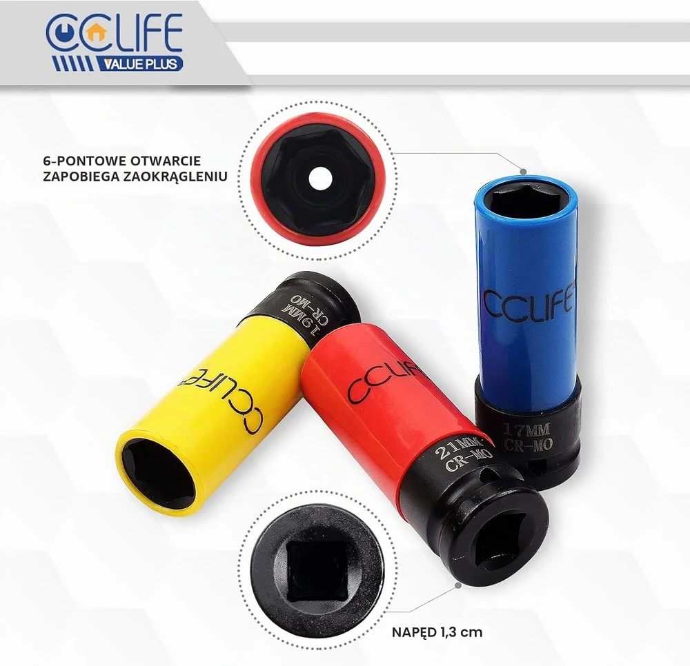 CCLIFE smūginių galvučių rinkinys ratų varžtams 17–21 mm, 85 mm, 3 vnt., 5498