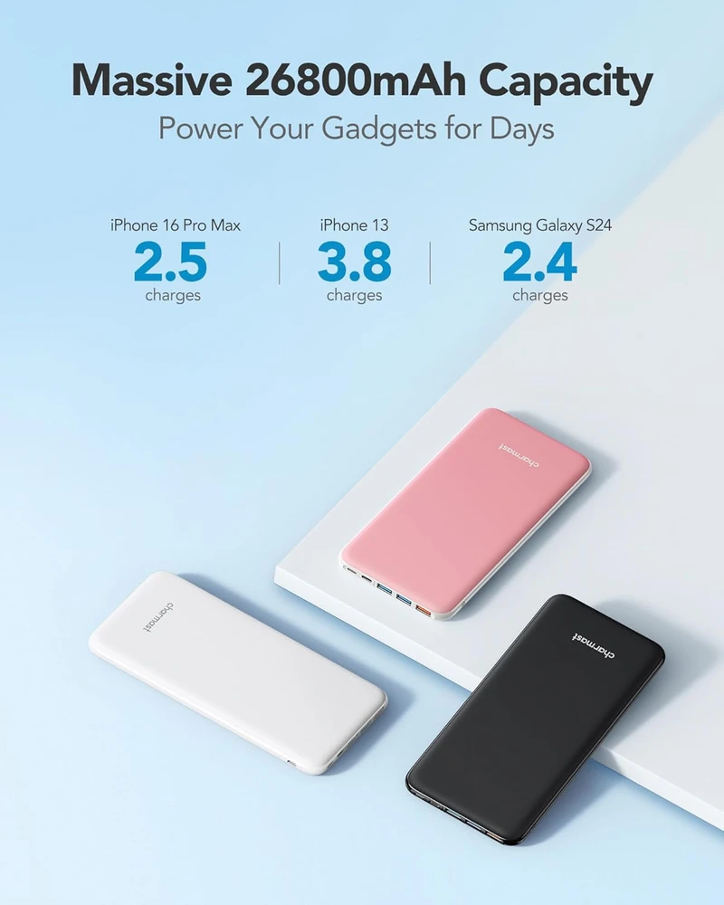 Charmast išorinė baterija 26800 mAh su USB-C ir 3 USB-A jungtimis, 3 A, W2002C